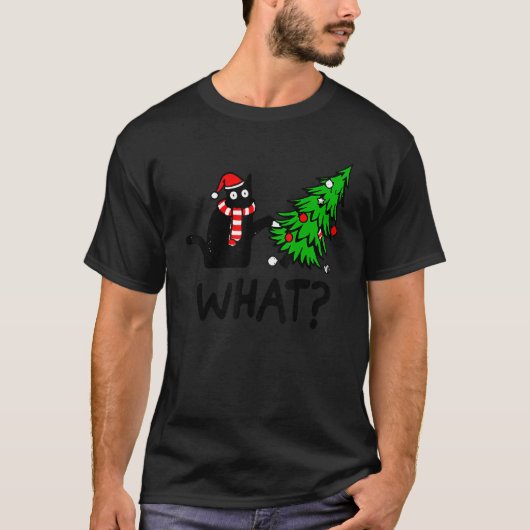 Black Cat Gift Pushing Christmas Tree Over Cat Wha T-shirt (Voorkant)