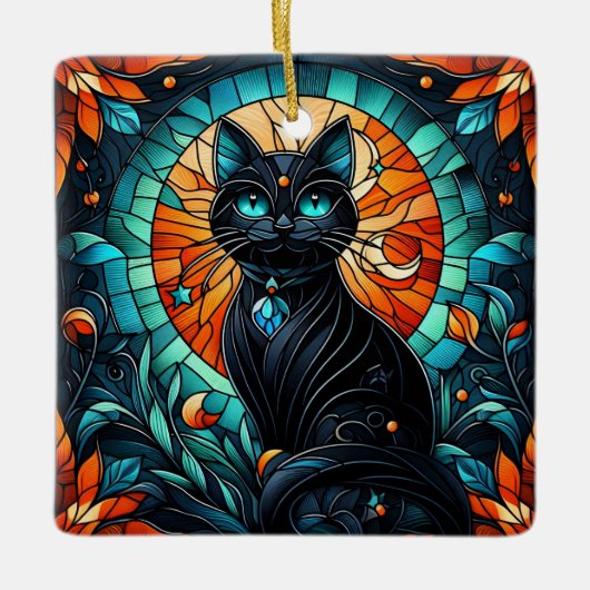 Black Cat Glas in lood Graphic Keramisch Ornament (Voorkant)