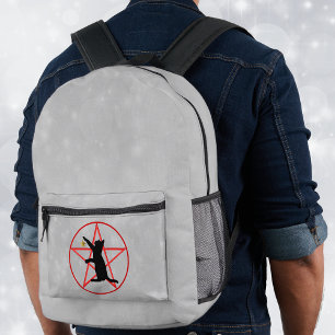 Black Cat Gold Star Pentagram Circl op grijs wit Bedrukte Rugzak
