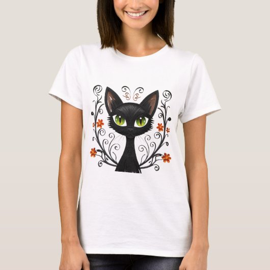 Black Cat Green Eyes Filigree Design T-shirt (Voorkant)
