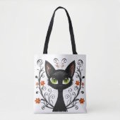 Black Cat Green Eyes Filigree Design Tote Bag (Voorkant)