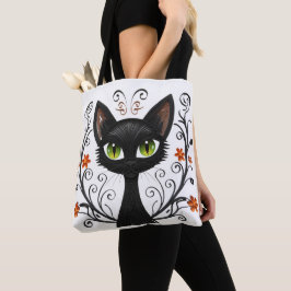 Black Cat Green Eyes Filigree Design Tote Bag