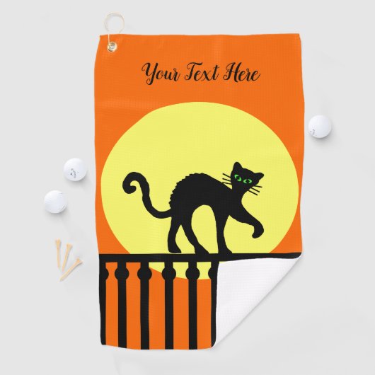 Black Cat Green Eyes op Fence Yellow Moon Sinaasap Golfhanddoek (Insitu)