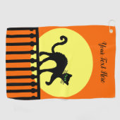 Black Cat Green Eyes op Fence Yellow Moon Sinaasap Golfhanddoek (Horizontaal)