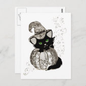 Black Cat Green Eyes Pumpkin Briefkaart (Voorkant / Achterkant)