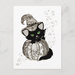 Black Cat Green Eyes Pumpkin Briefkaart