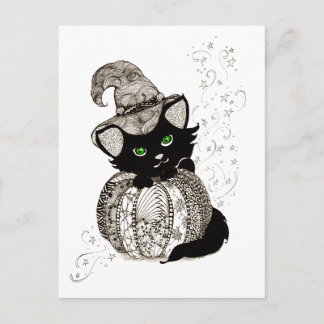 Black Cat Green Eyes Pumpkin Briefkaart