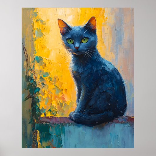 black cat, green eyes, whimsical cat, colorful bac poster (Voorkant)