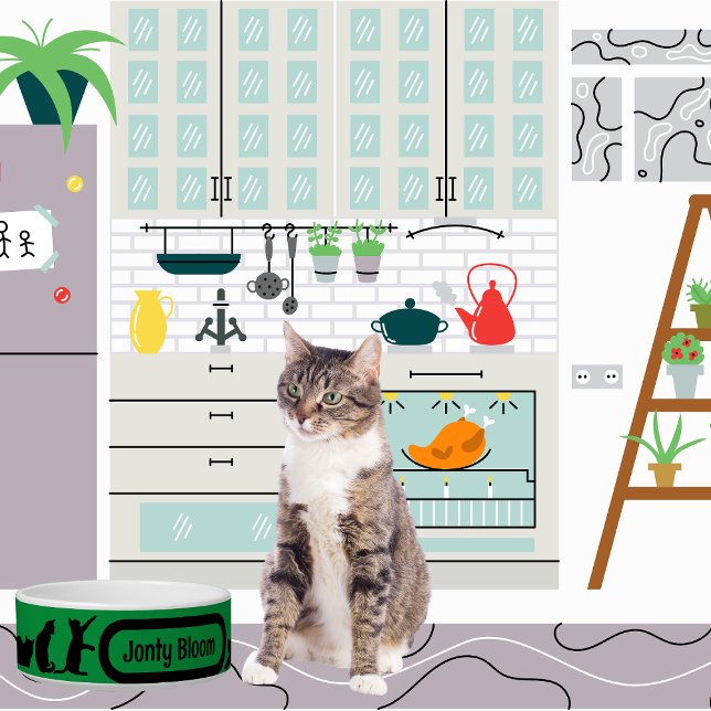 Black Cat Green Silhouette Pattern met Kattennaam Voerbakje (Creator heeft geüpload)