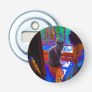Black Cat Guards a Psychedelic Doorway Button Flesopener