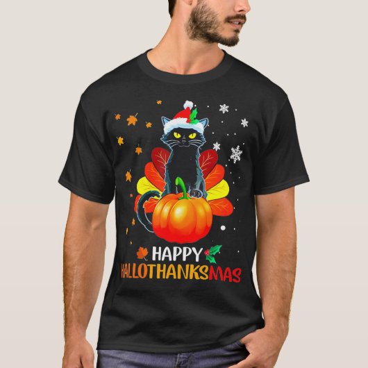 Black Cat Halloween And Merry Christmas Happy T-shirt (Voorkant)