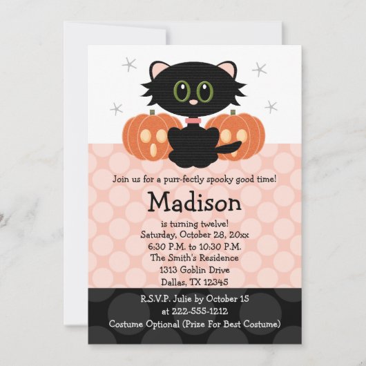 Black Cat Halloween Birthday-uitnodigingen Kaart (Voorkant)
