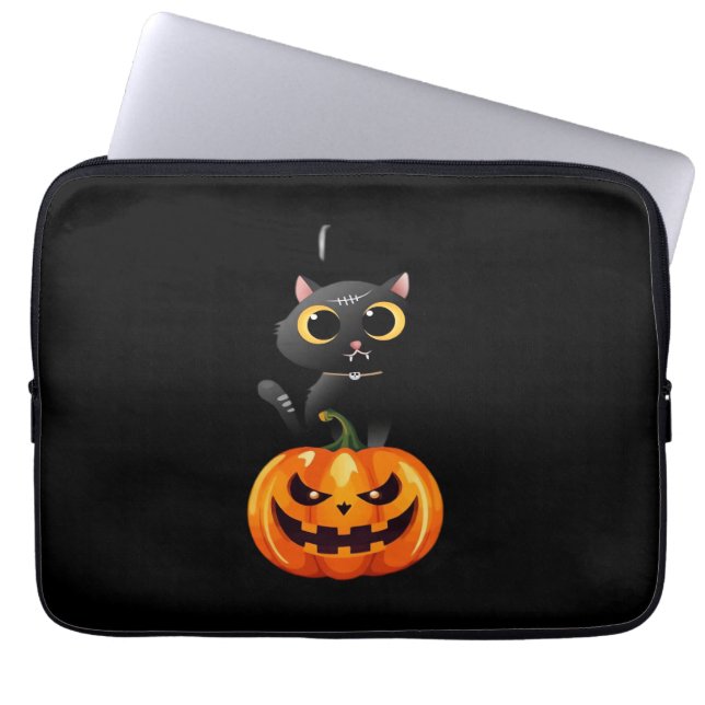 Black Cat Halloween Design – Spooky Pumpkin Art vo Laptop Sleeve (Voorkant)