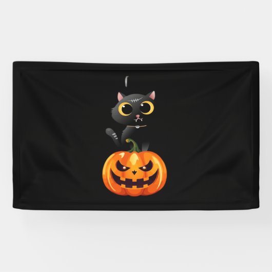Black Cat Halloween Design – Spooky Pumpkin Art vo Spandoek (Horizontaal)