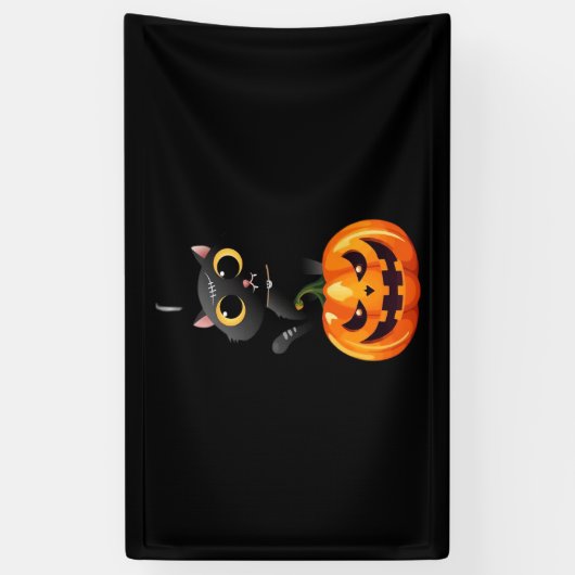 Black Cat Halloween Design – Spooky Pumpkin Art vo Spandoek (Verticaal)