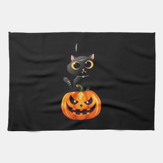 Black Cat Halloween Design – Spooky Pumpkin Art vo Theedoek (Horizontaal)