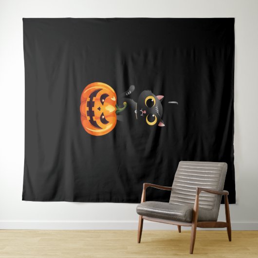 Black Cat Halloween Design – Spooky Pumpkin Art vo Wandkleed (In Situ (horizontaal))