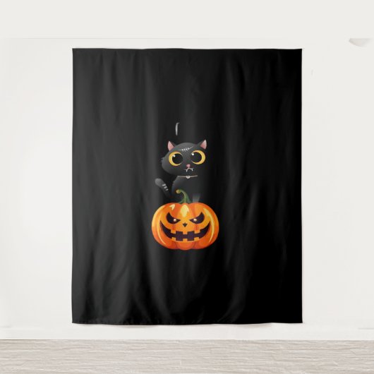 Black Cat Halloween Design – Spooky Pumpkin Art vo Wandkleed (Voorkant)