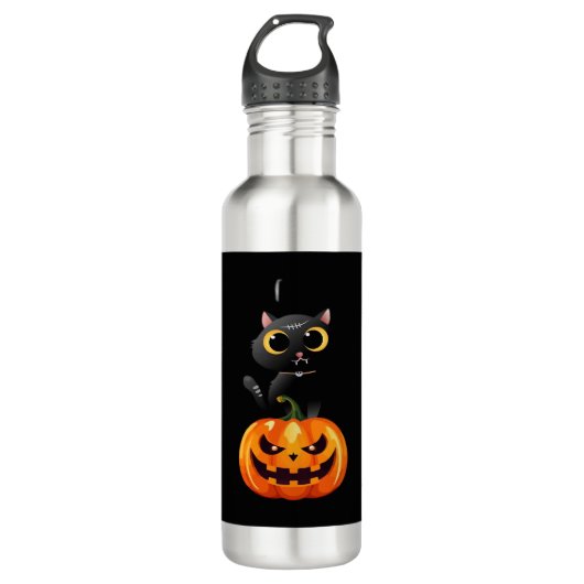 Black Cat Halloween Design – Spooky Pumpkin Art vo Waterfles (Voorkant)