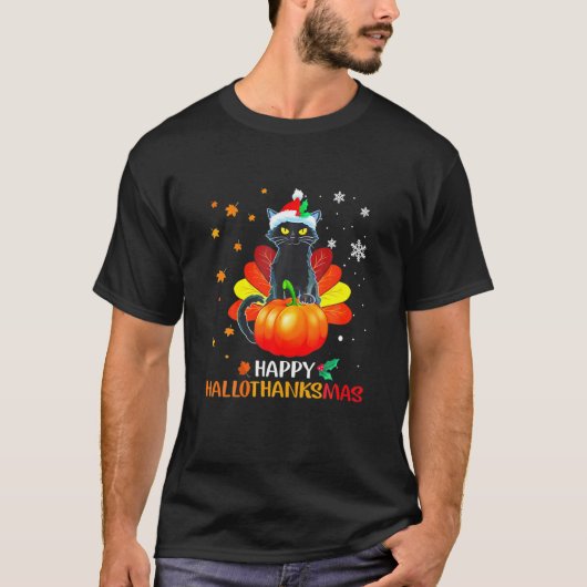 Black Cat Halloween en Merry KerstHappy Hall T-shirt (Voorkant)