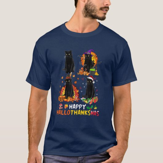 Black Cat Halloween en Merry KerstHappy Hall T-shirt (Voorkant)