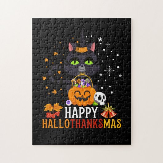 Black Cat Halloween en Merry Kerstmis Legpuzzel (Verticaal)