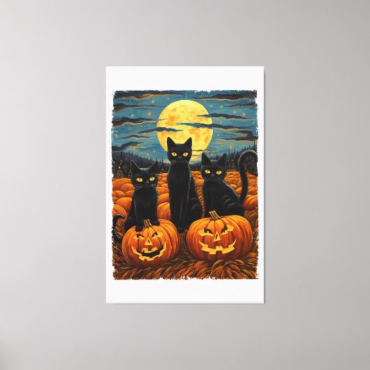 Black Cat Halloween Kat Liefhebbers Sterrennacht K Canvas Afdruk (Voorkant)