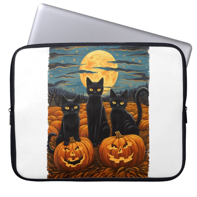 Black Cat Halloween Kat Liefhebbers Sterrennacht K Laptop Sleeve (Voorkant)
