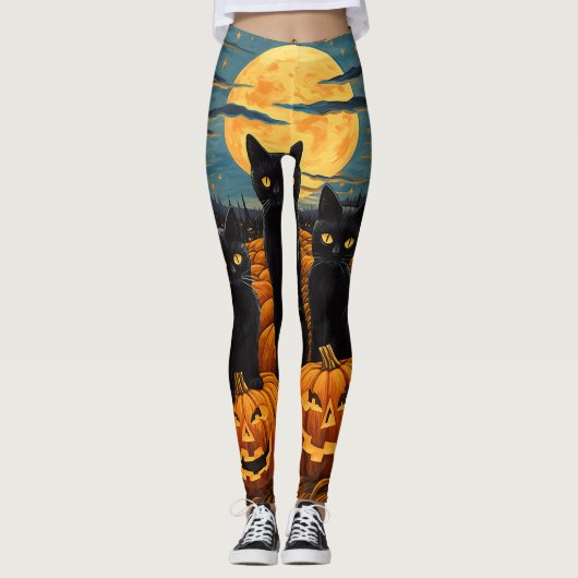 Black Cat Halloween Kat Liefhebbers Sterrennacht K Leggings (Voorkant)