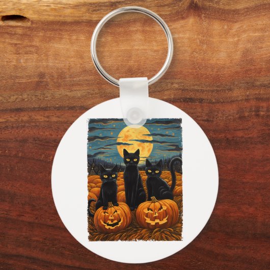 Black Cat Halloween Kat Liefhebbers Sterrennacht K Sleutelhanger (Voorkant)