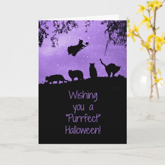 Black Cat Halloween met Witch Cute Kaart (Gele Bloem)