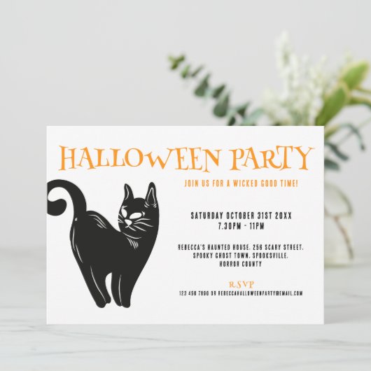 Black Cat Halloween Oranje feestuitnodiging Kaart (Staand voorkant)