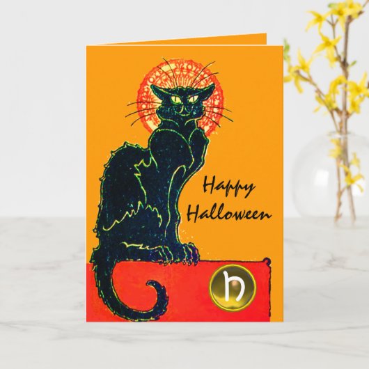 BLACK CAT HALLOWEEN PARTIJMONOGRAM KAART (Gele Bloem)