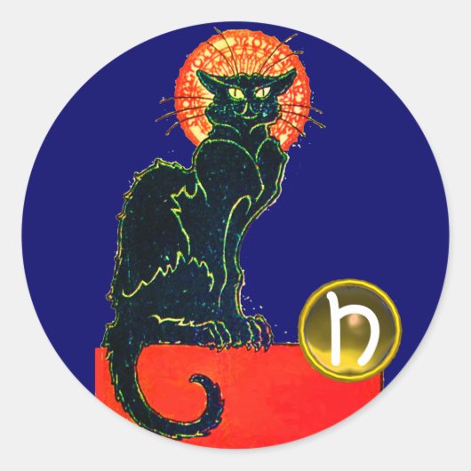 BLACK CAT HALLOWEEN PARTIJMONOGRAM RONDE STICKER (Voorkant)