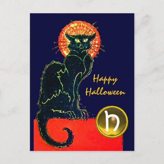 BLACK CAT HALLOWEEN PARTIJMONOGRAM UITNODIGING BRIEFKAART (Voorkant)