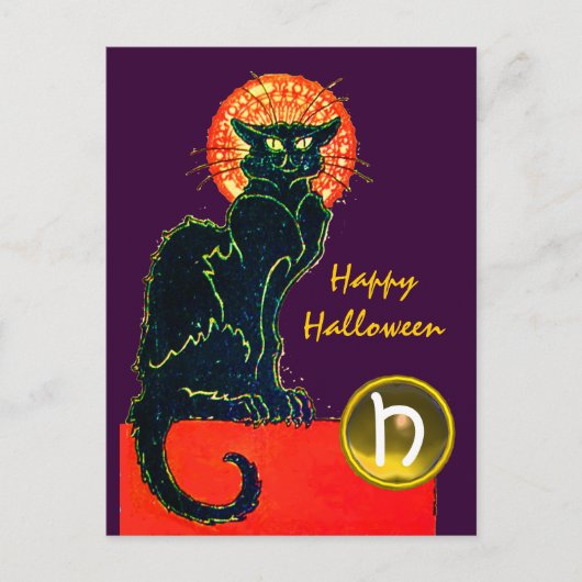 BLACK CAT HALLOWEEN PARTIJMONOGRAM UITNODIGING BRIEFKAART (Voorkant)