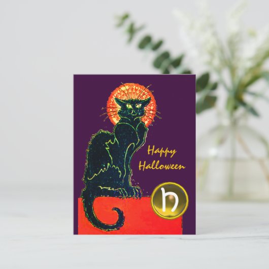 BLACK CAT HALLOWEEN PARTIJMONOGRAM UITNODIGING BRIEFKAART (Staand voorkant)