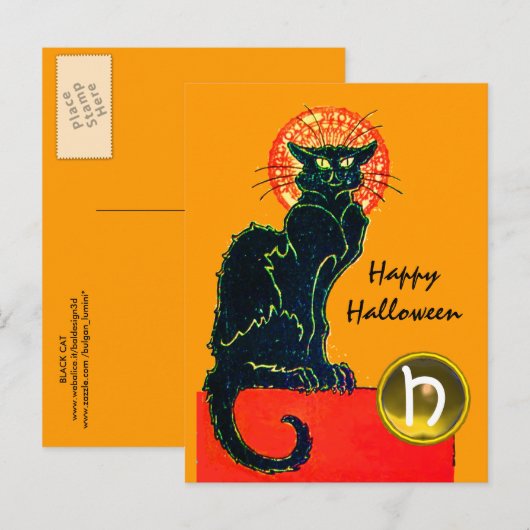 BLACK CAT HALLOWEEN PARTIJMONOGRAM UITNODIGING BRIEFKAART (Voorkant / Achterkant)