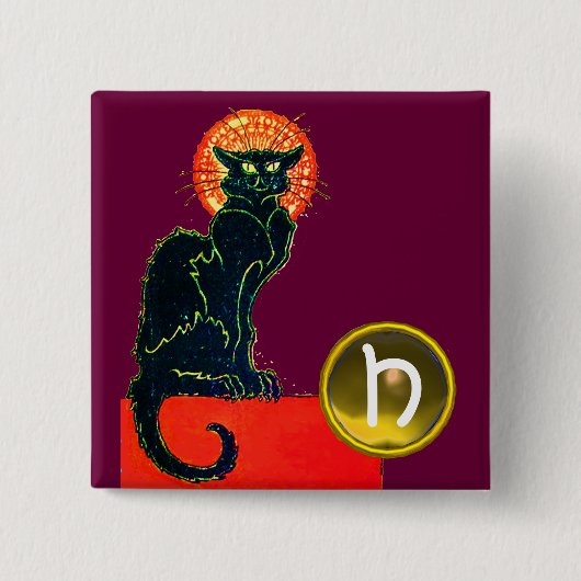 BLACK CAT HALLOWEEN PARTIJMONOGRAM VIERKANTE BUTTON 5,1 CM (Voorkant)