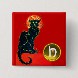 BLACK CAT HALLOWEEN PARTIJMONOGRAM VIERKANTE BUTTON 5,1 CM