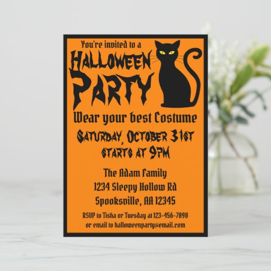 Black Cat Halloween Party Kaart (Staand voorkant)