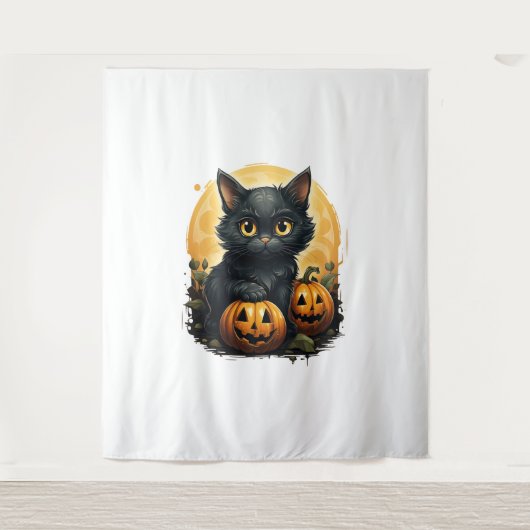 Black Cat Halloween Pompoen - Kat Wandkleed (Voorkant)