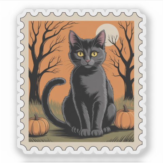 Black Cat Halloween Postage Stamp Sticker (Voorkant)