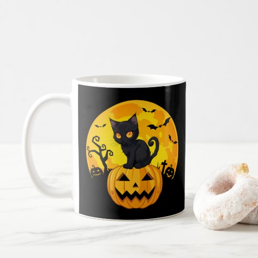 Black Cat Halloween Pumpkin Koffiemok (Met donut)