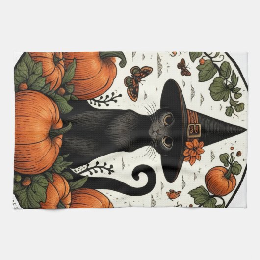 Black Cat Halloween Pumpkin Patch Theedoek (Horizontaal)