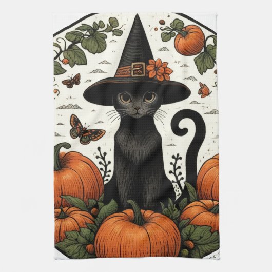Black Cat Halloween Pumpkin Patch Theedoek (Verticaal)