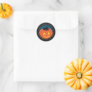 Black Cat Halloween Retouradres Ronde Sticker