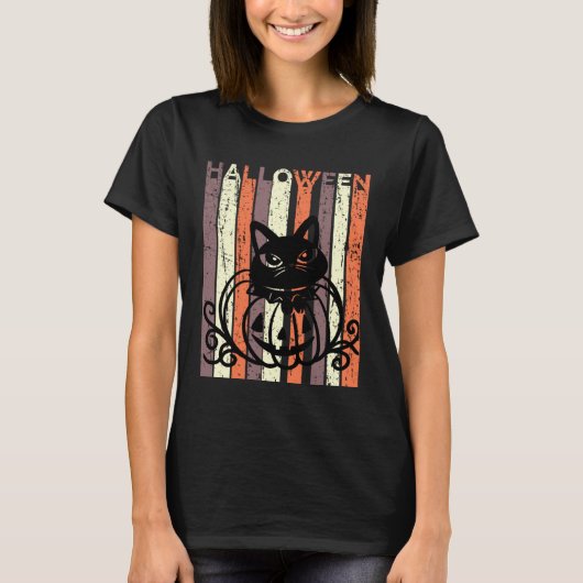 Black Cat Halloween Retro Distressed Goth Pumpkin  T-shirt (Voorkant)