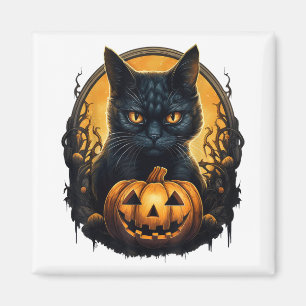Black Cat Halloween Scary Pumpkins Moon Black Cat Magneet