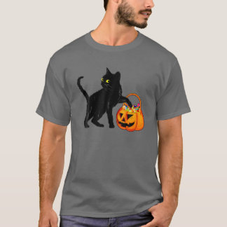 Black Cat Halloween Snoep Pumpkin Bag Sweet Lollip T-shirt